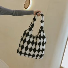Women Lamb-Like Shoulder Bag Canvas Tote Winter Shopper Bag
