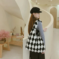 Women Lamb-Like Shoulder Bag Canvas Tote Winter Shopper Bag