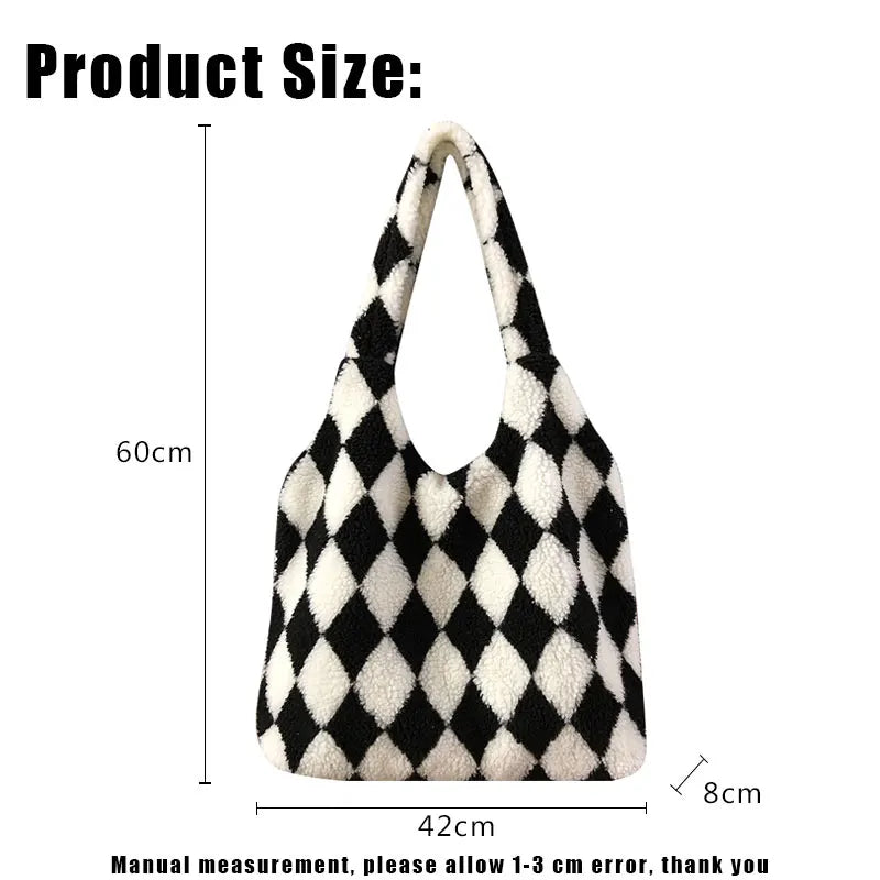 Women Lamb-Like Shoulder Bag Canvas Tote Winter Shopper Bag
