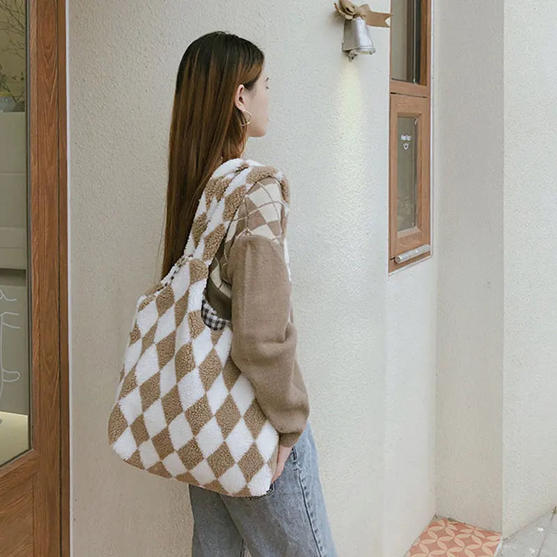 Women Lamb-Like Shoulder Bag Canvas Tote Winter Shopper Bag