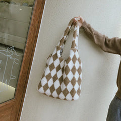 Women Lamb-Like Shoulder Bag Canvas Tote Winter Shopper Bag