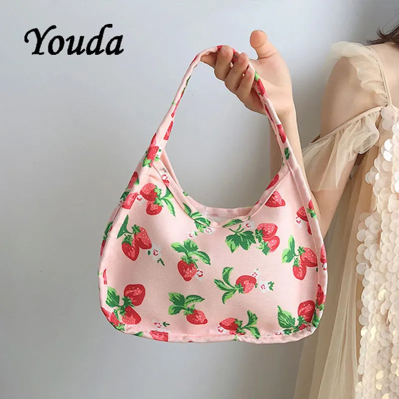 Strawberry Print Canvas Tote Small Handbag Zipper Half Moon Bag
