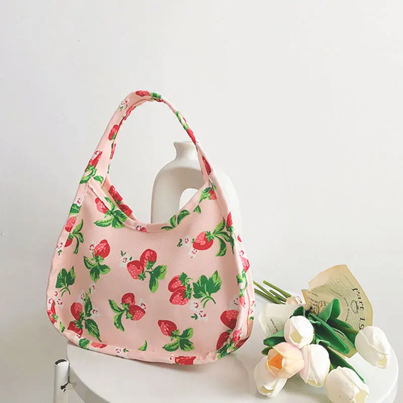 Strawberry Print Canvas Tote Small Handbag Zipper Half Moon Bag