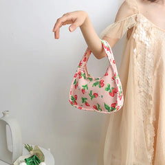 Strawberry Print Canvas Tote Small Handbag Zipper Half Moon Bag