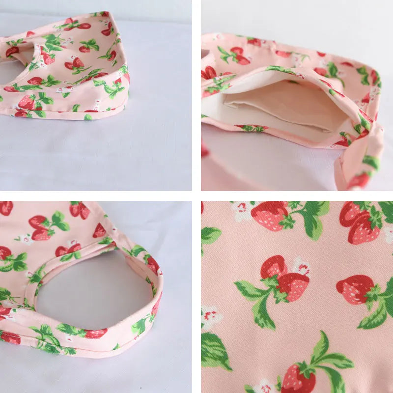 Strawberry Print Canvas Tote Small Handbag Zipper Half Moon Bag
