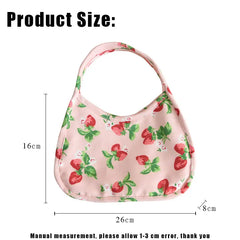 Strawberry Print Canvas Tote Small Handbag Zipper Half Moon Bag