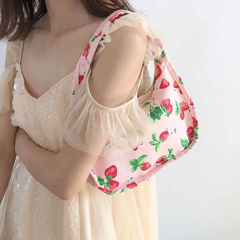 Strawberry Print Canvas Tote Small Handbag Zipper Half Moon Bag