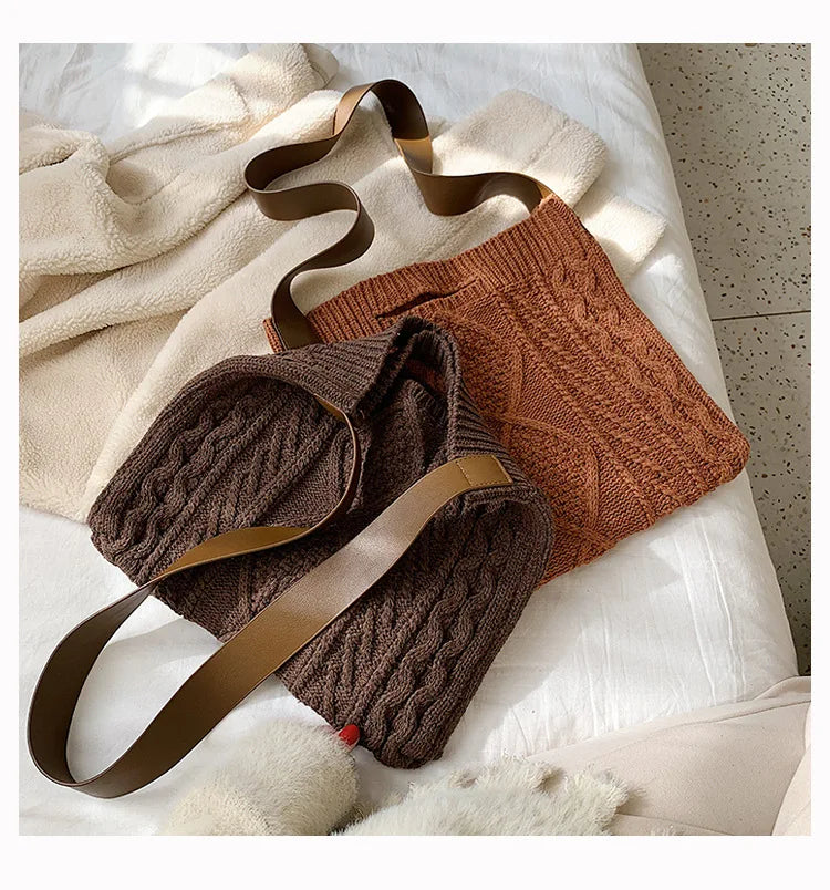 Women Woolen Knitted Braid Cross Handbag Retro Winter Bag