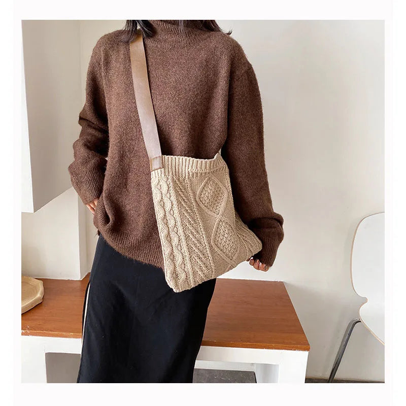 Women Woolen Knitted Braid Cross Handbag Retro Winter Bag