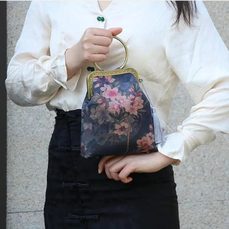 Vintage Silk Cheongsam Bags Ladies Floral Tassel Shoulder Handbag
