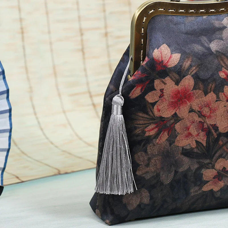 Vintage Silk Cheongsam Bags Ladies Floral Tassel Shoulder Handbag