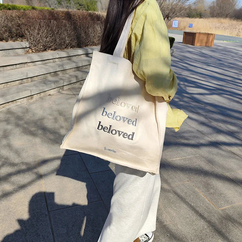 Youth Canvas Tote Bag Student Letter Printing Handbag Shoulder Bags