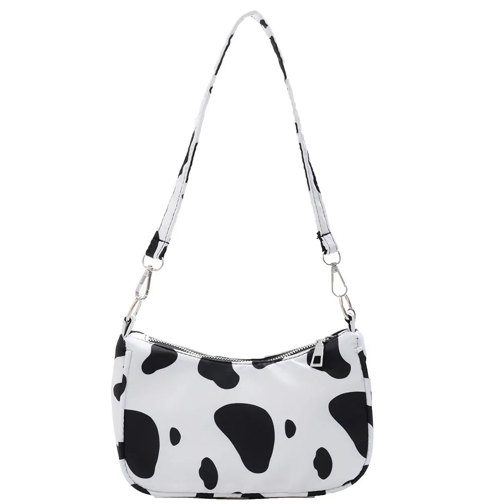 Youth Ladies Nylon Cow Print Underarm Tote Bag Purse