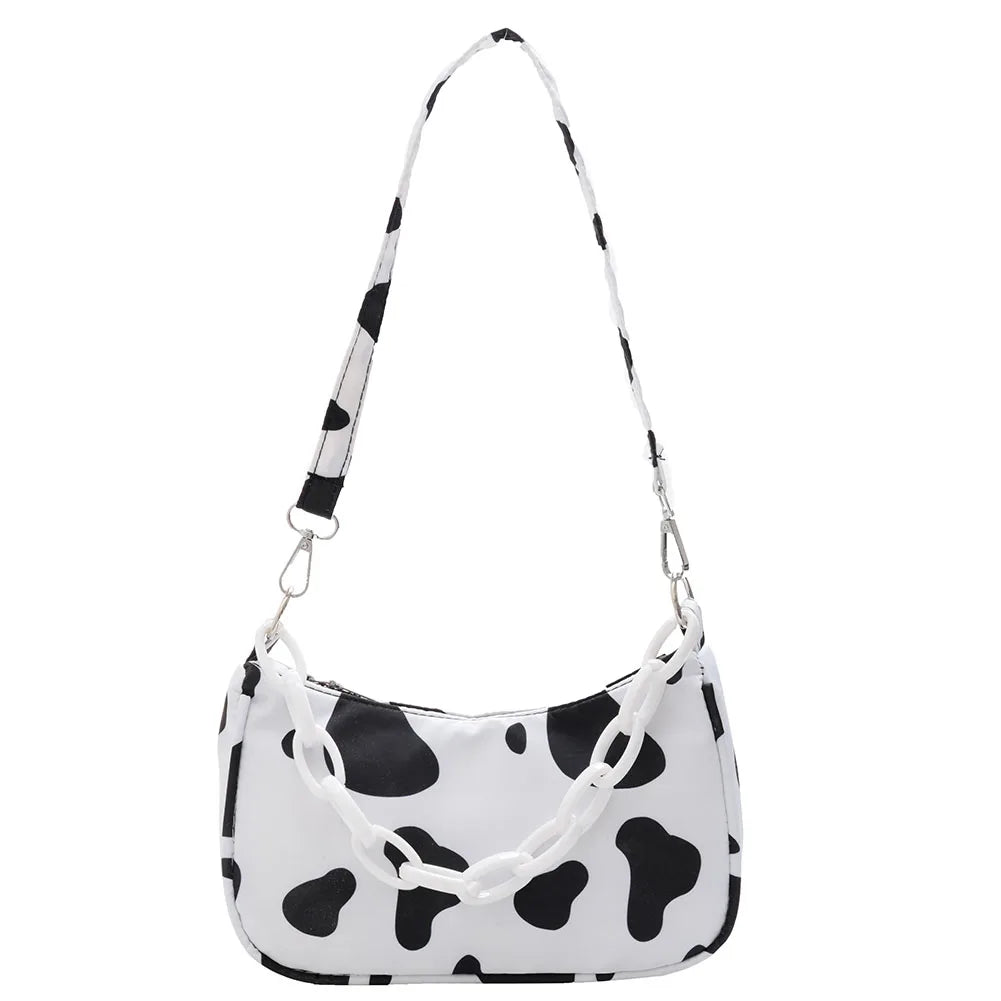Youth Ladies Nylon Cow Print Underarm Tote Bag Purse