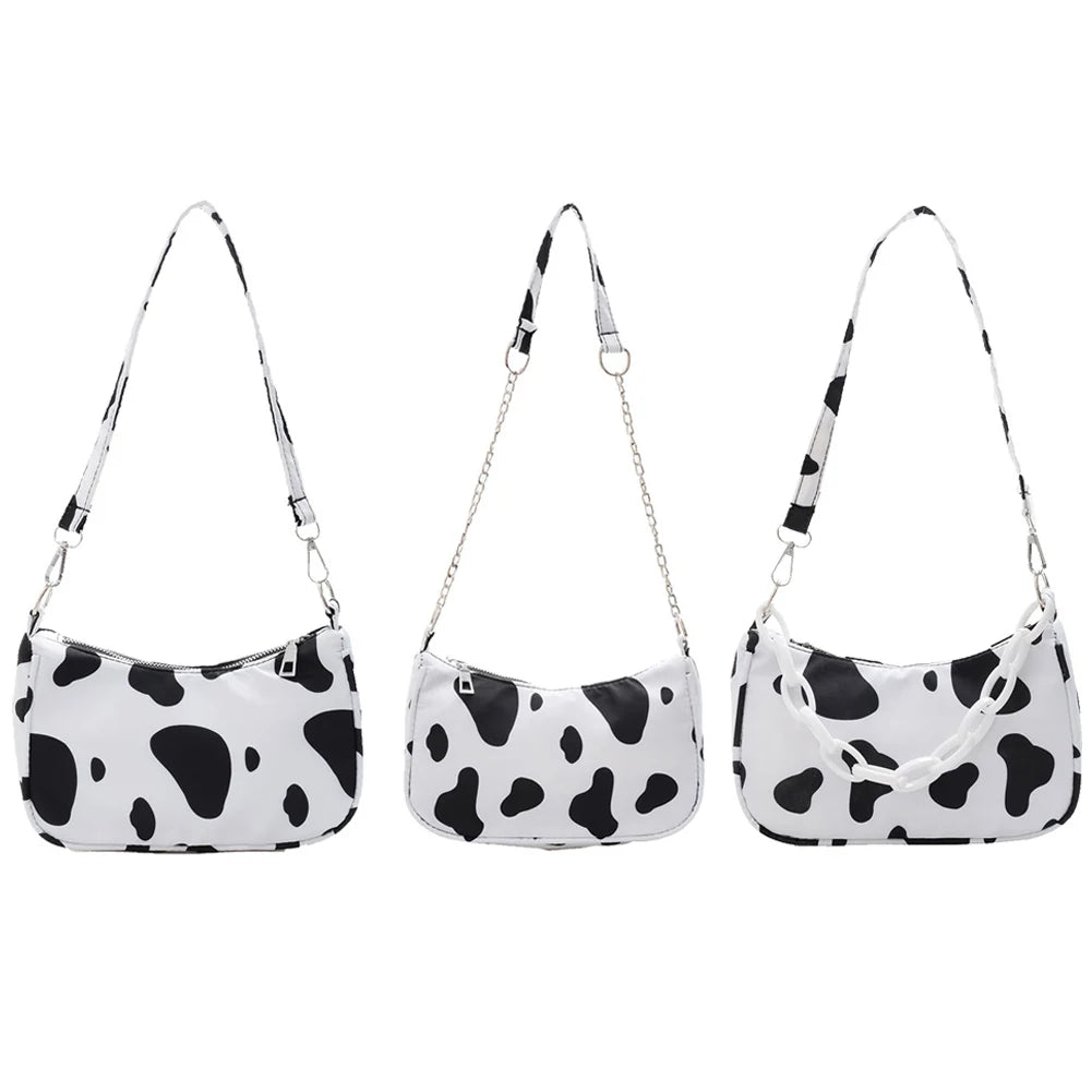 Youth Ladies Nylon Cow Print Underarm Tote Bag Purse