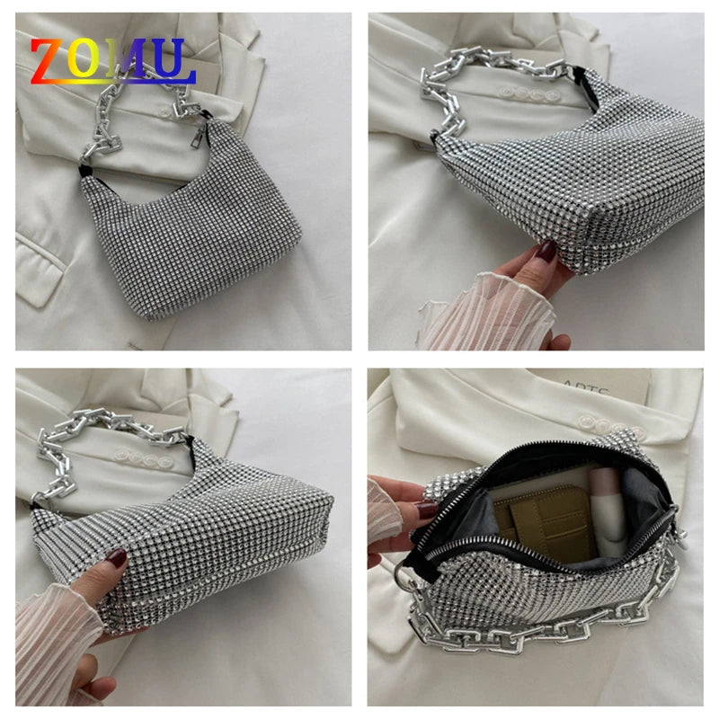 ZOMU Full Rhinestone Shoulder Bag PU Messenger Bag Ladies Tote Bag