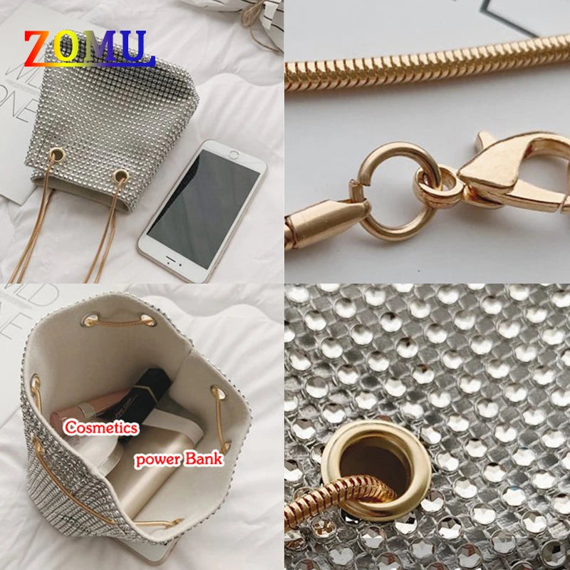 ZOMU Rhinestone Shoulder Bag Chain Bucket Bag for Women