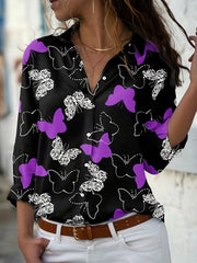 Butterfly Print Plus Size Button Up Blouse