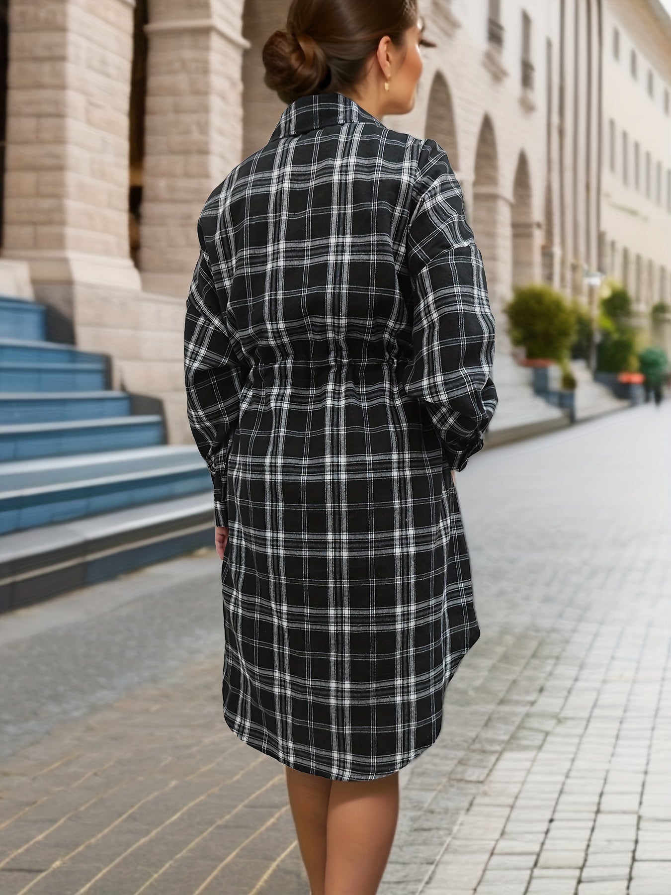 Women's Plus Size Plaid Button Up Long Sleeve Shirt Dress