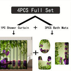 4pc Printed Bathroom Set Waterproof Shower Curtain & Rug