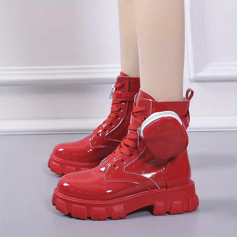 Women's Platform Combat Boots Patent Leather Short Boots Anti Skid Shoes
