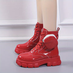 Women's Platform Combat Boots Patent Leather Short Boots Anti Skid Shoes