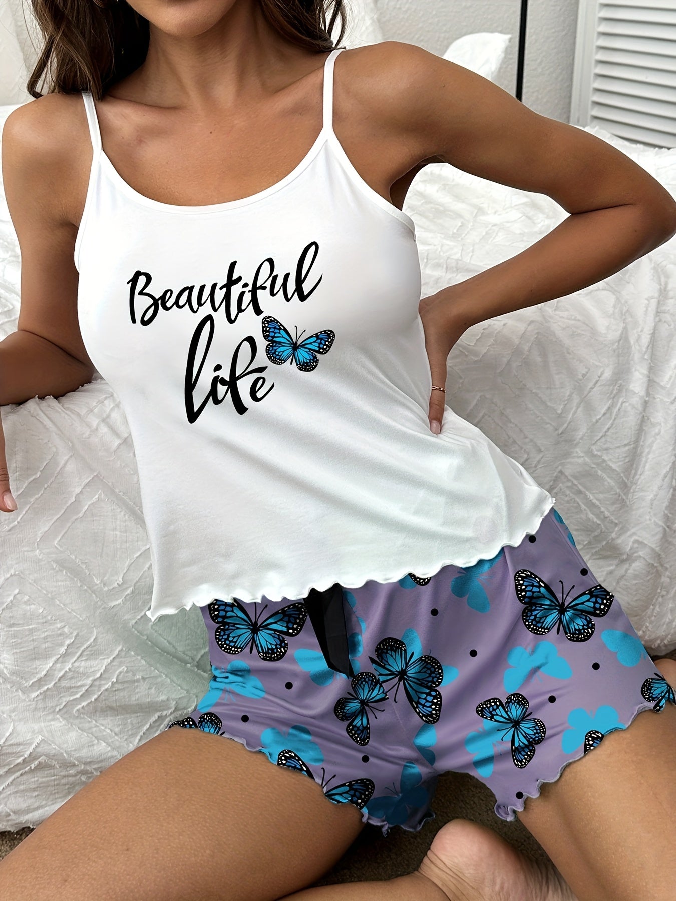 Butterfly Print Pajama Set Crew Neck Cami Top & Bow Shorts