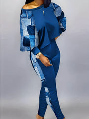 Patchwork Casual Two piece Set Crew Neck Long Sleeve Tops & Long Length Pants