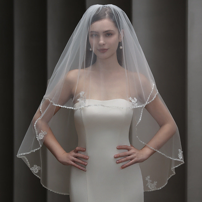 Princess Style Sheer Tulle Bridal Veil with Floral Embellishments
