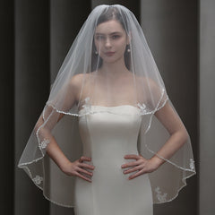 Princess Style Sheer Tulle Bridal Veil with Floral Embellishments