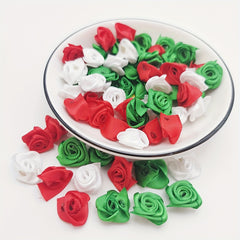 50pcs Mini 15mm Ribbon Rose Flowers DIY Embellishments Artificial Fabric Flower