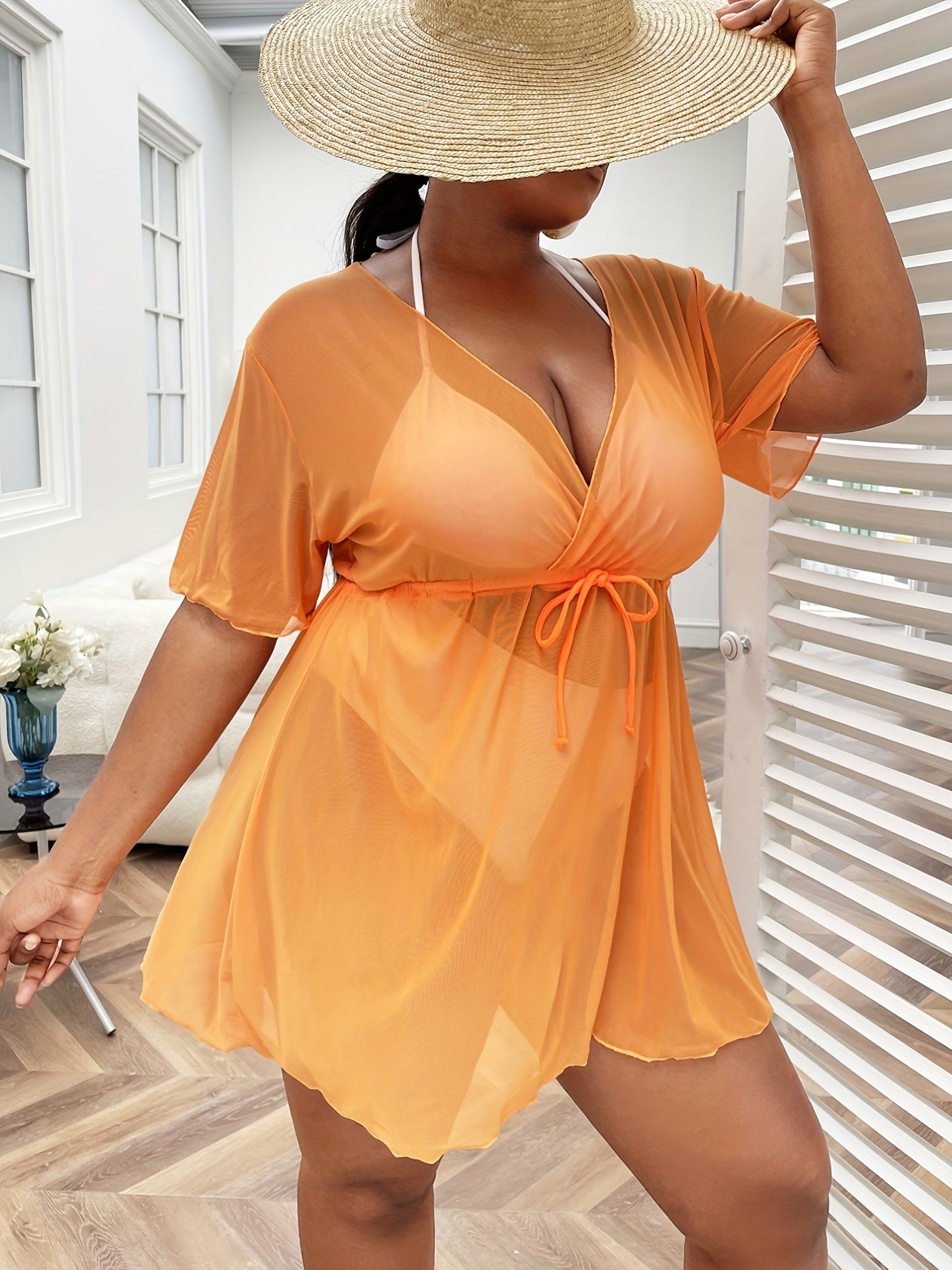 Women's Plus Size Sheer Short Sleeve Cover Up with Drawstring