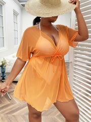 Women's Plus Size Sheer Short Sleeve Cover Up with Drawstring