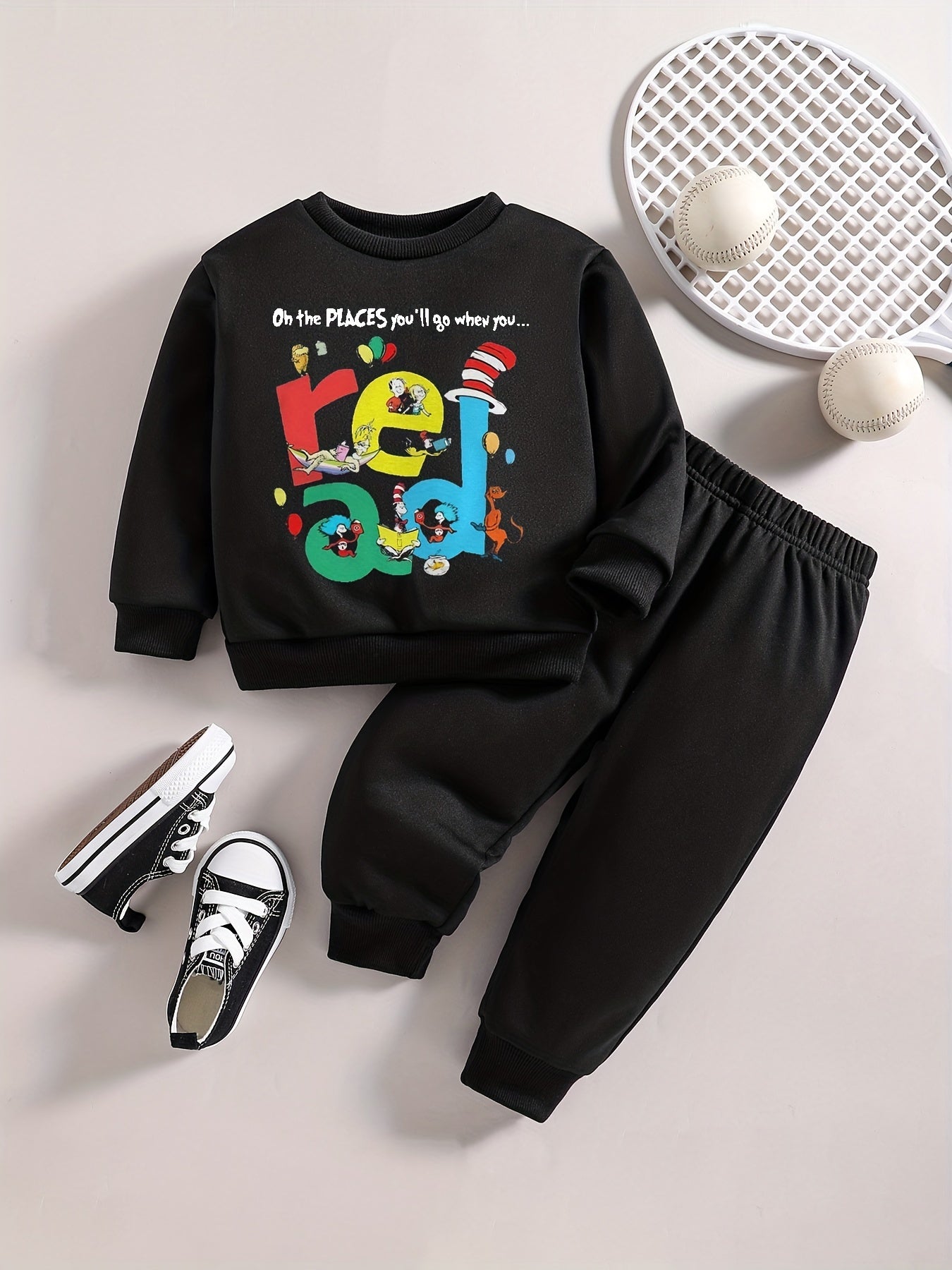 Baby Boy Set Kids Early Educational READ Letter Cartoon Graphic Top Pants Outfit