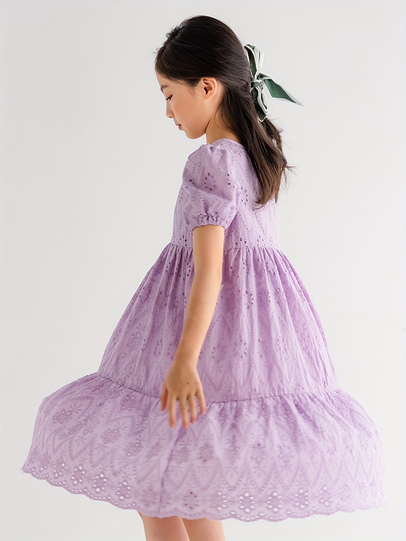 Girl's Cotton Princess Dress Puff Sleeve Crew Neck Summer Clothing