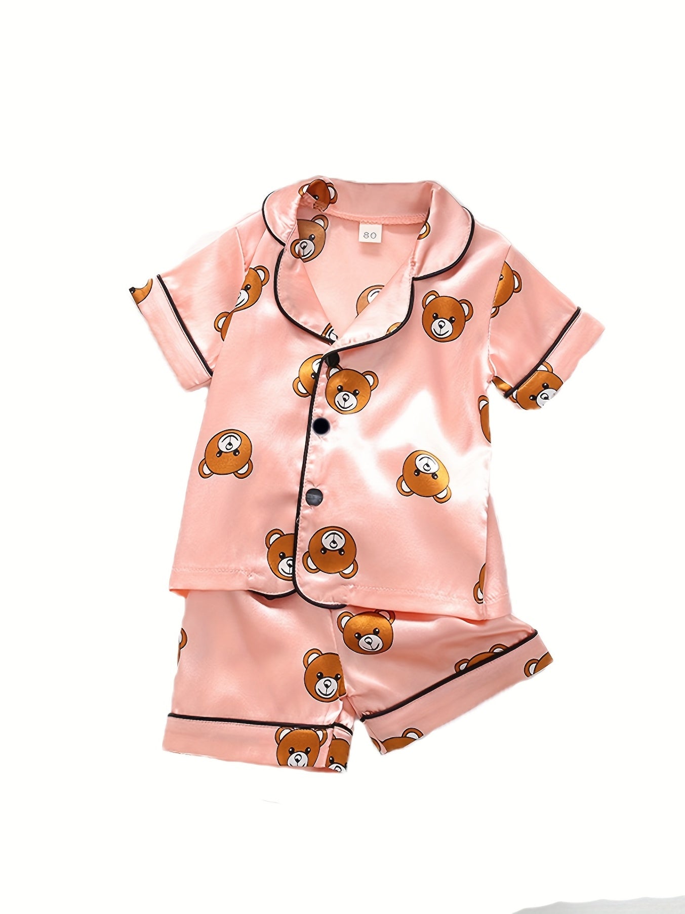 Girls Bear Pattern Pajama Set Short Sleeve Top & Shorts Kids Summer Clothes