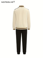 Men's 2 Piece Outfits Stand Collar Stripe Casual Jacket And Sweatpants Set