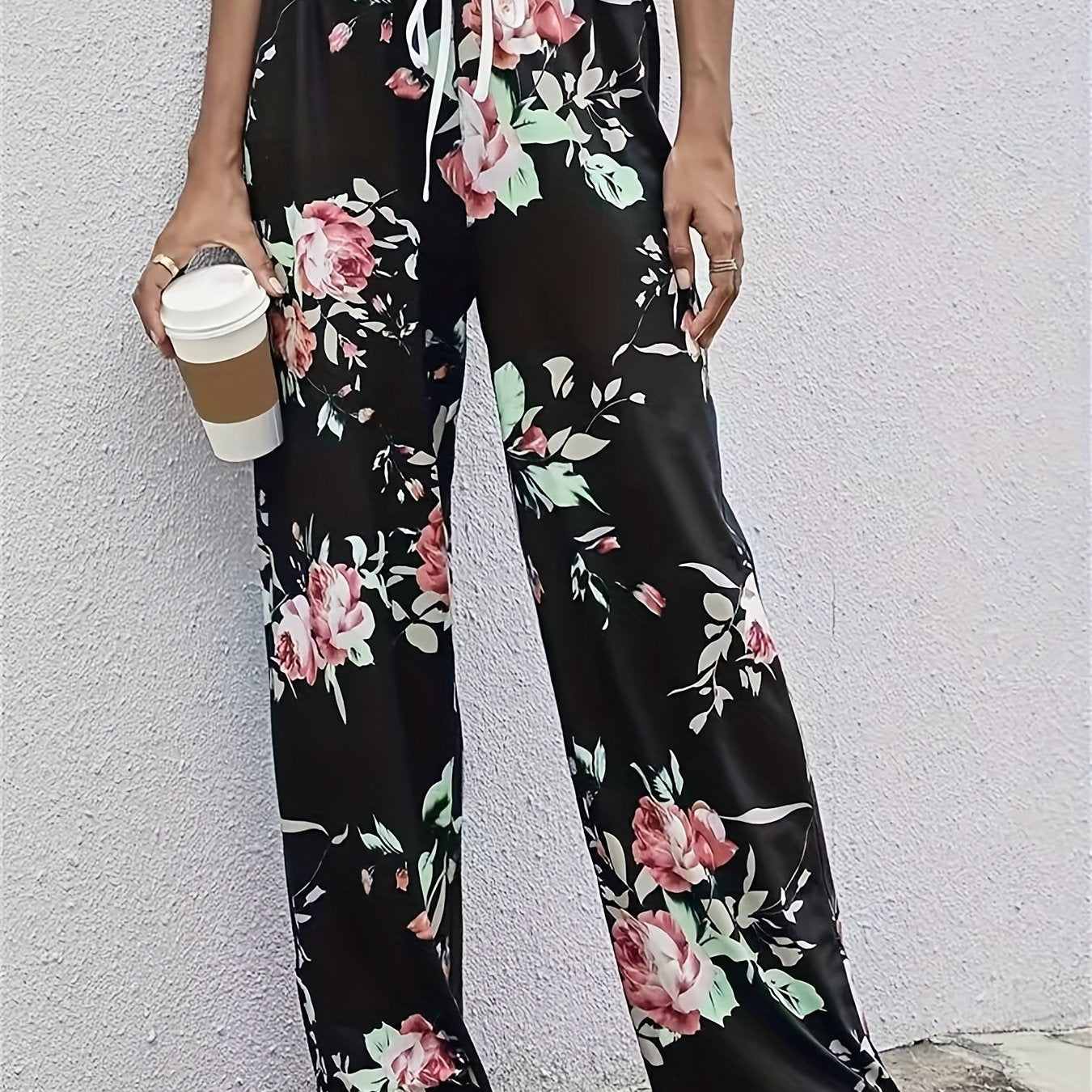 Floral Print Drawstring Pants High Waist Wide Leg