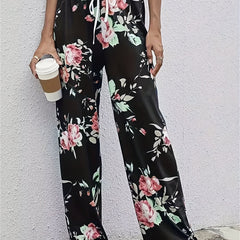 Floral Print Drawstring Pants High Waist Wide Leg