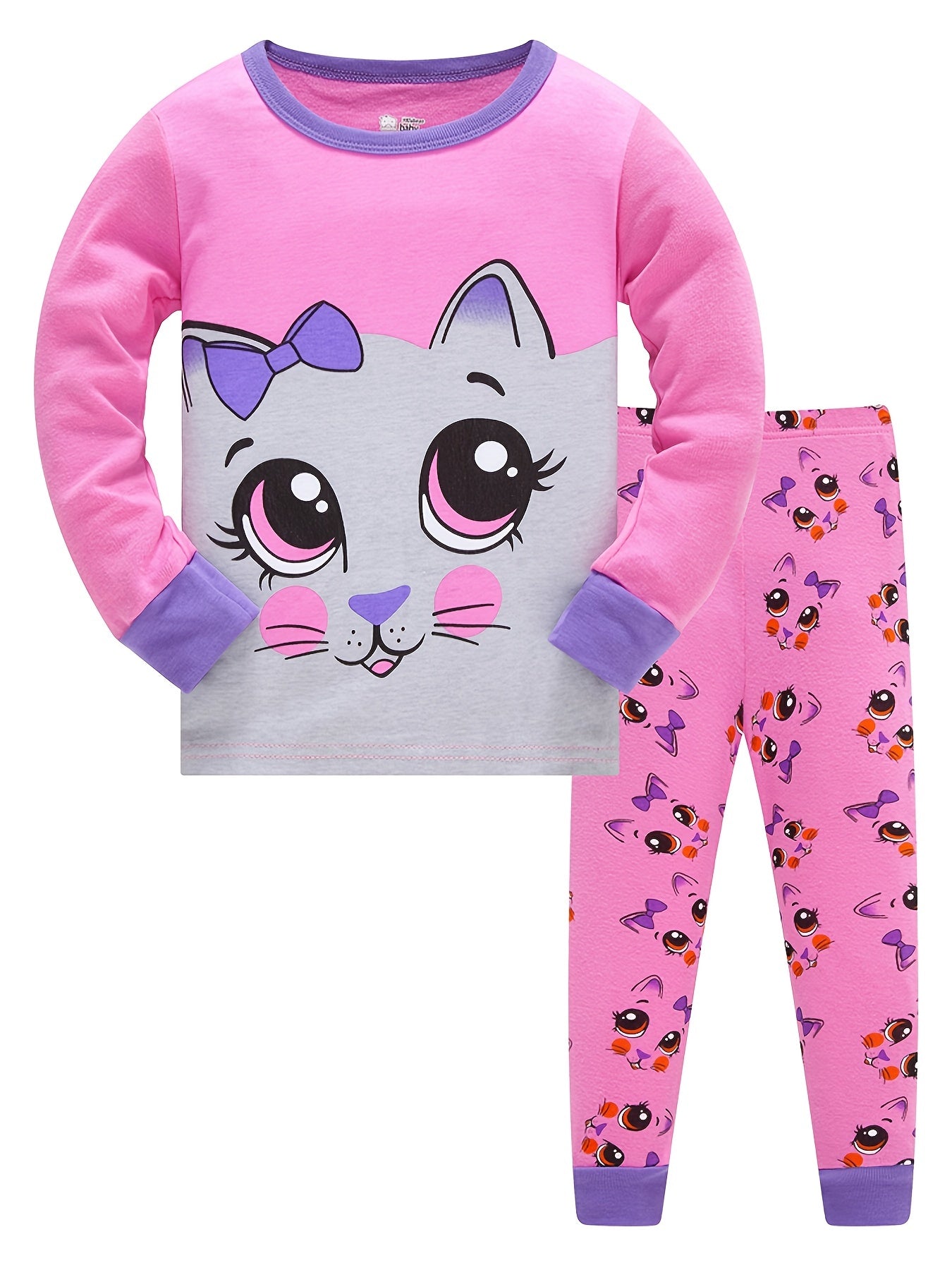 Girls Cat Print Pajamas Set, Long Sleeve Crew Neck Tops & Pants, Pink