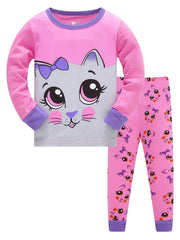 Girls Cat Print Pajamas Set, Long Sleeve Crew Neck Tops & Pants, Pink