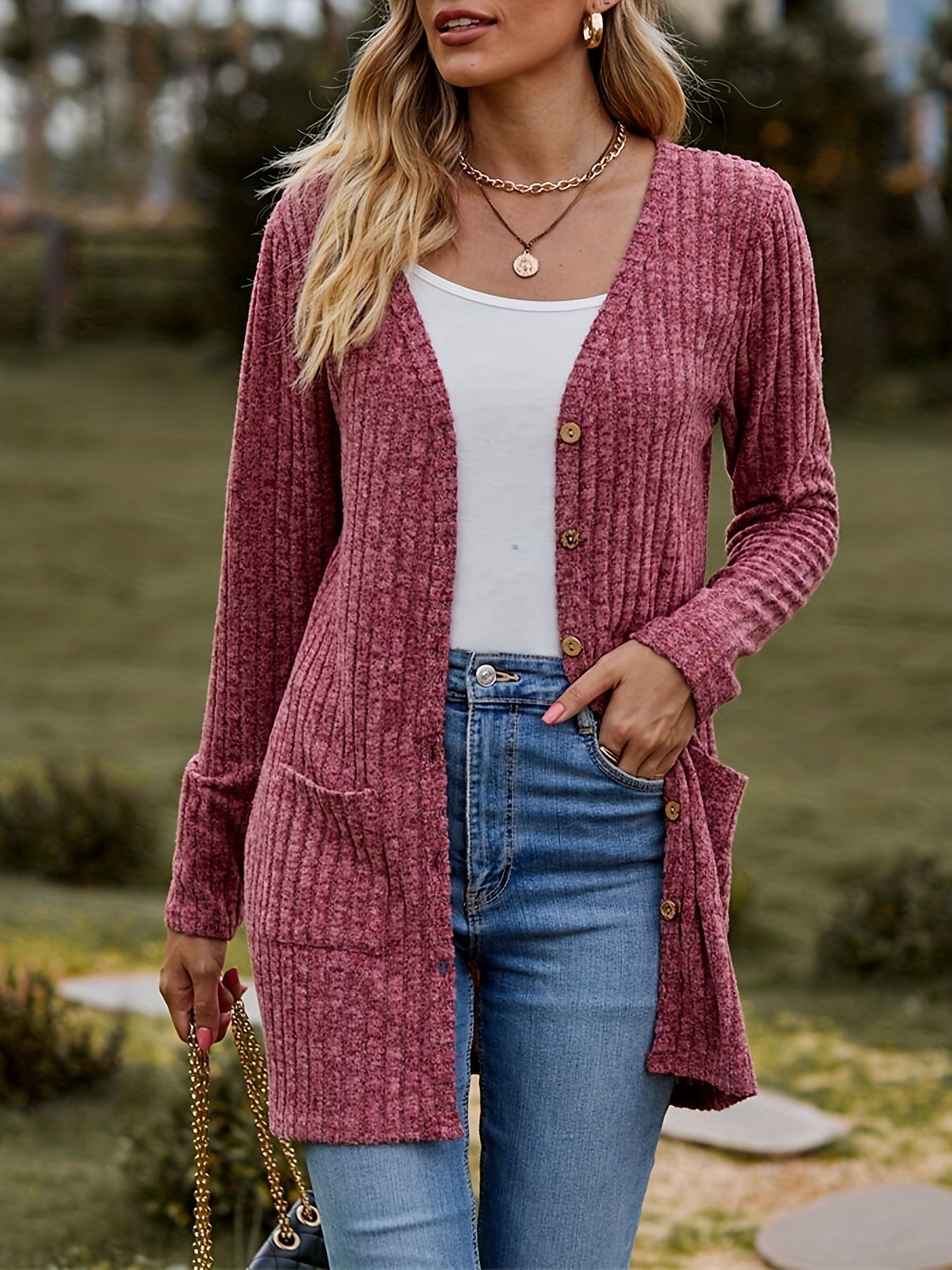 Solid Ribbed Button Up Cardigan with Pockets