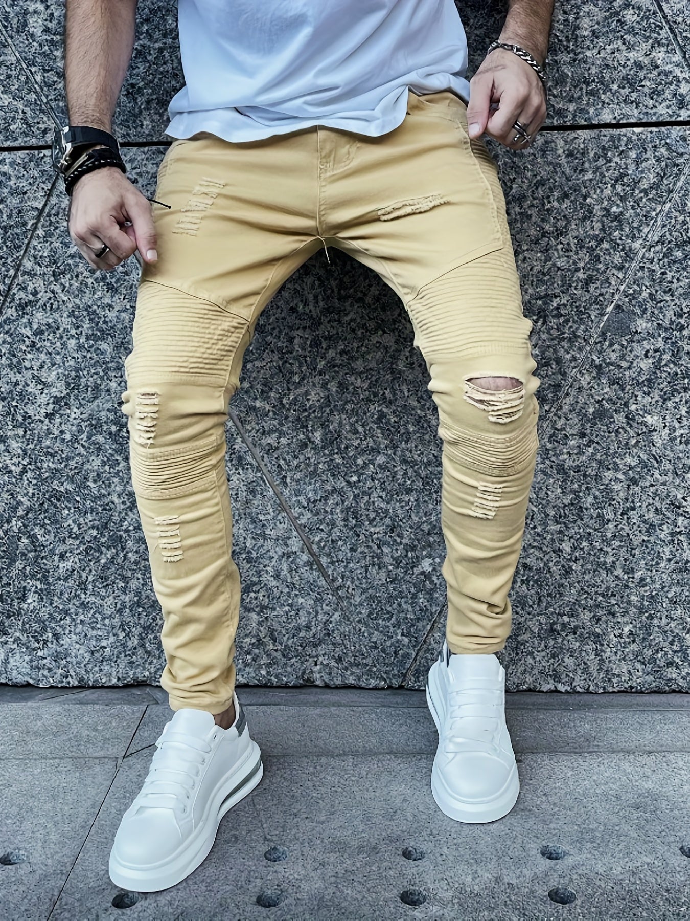 Slim Fit Ripped Jeans Men Casual Street Style High Stretch Denim Pants