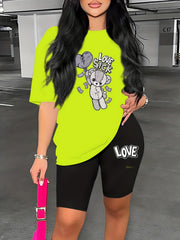 Bear & Letter Print Two piece Set Crew Neck Short Sleeve Tops & Slim Shorts