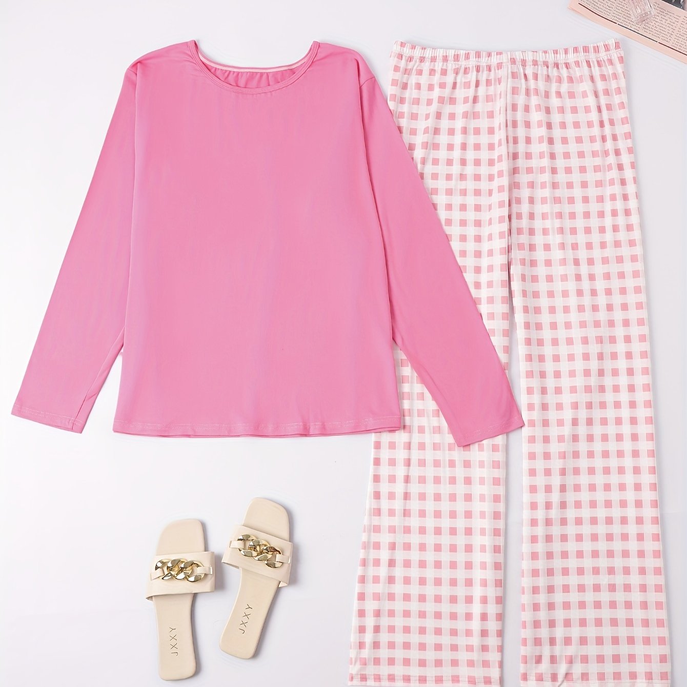 Pajama Set Soft Tee & Gingham Print Pants Two Piece Set