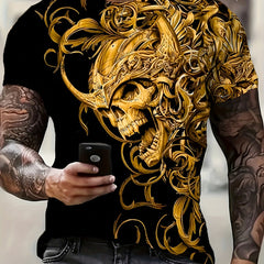Golden Skull Pattern Men's Novelty T-shirt for Summer