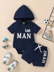 2pcs Baby Boys Little Man Hooded Onesie & Shorts Set