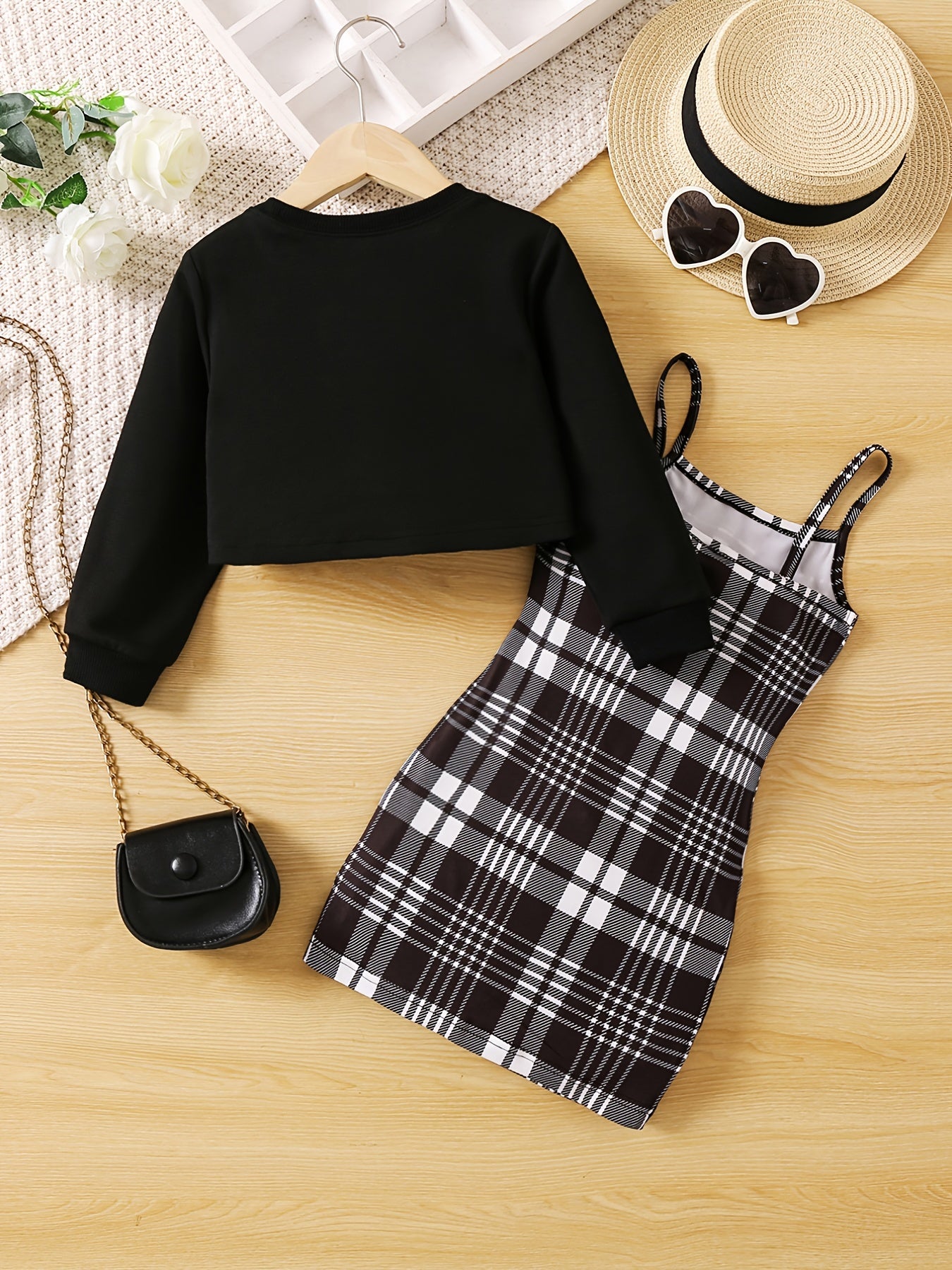 Girls Crop Sweatshirt & Plaid Sundress Set for Spring/Autumn