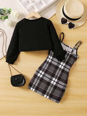 Girls Crop Sweatshirt & Plaid Sundress Set for Spring/Autumn