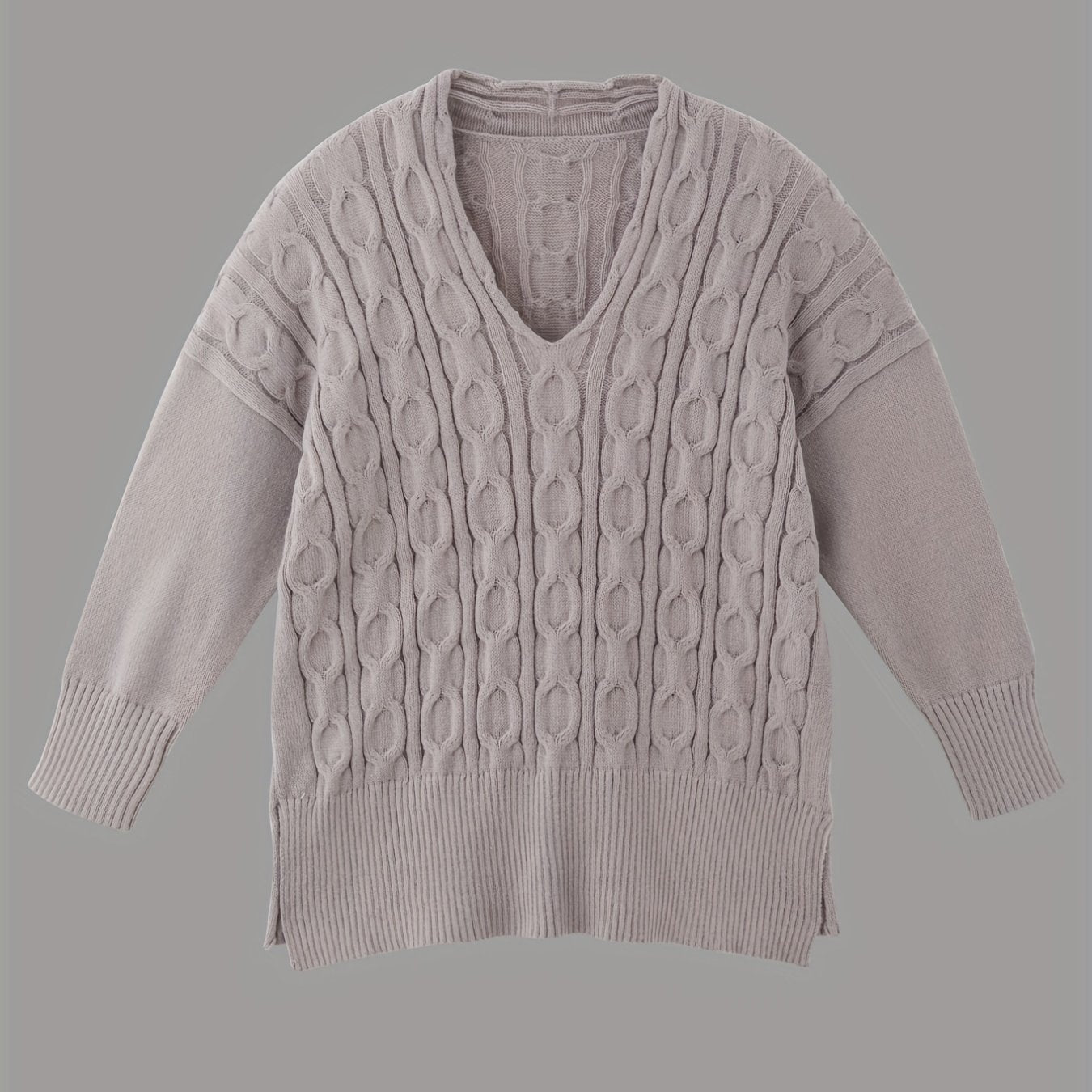 V-Neck Cable Knit Sweater - Long Sleeve Pullover Jumper